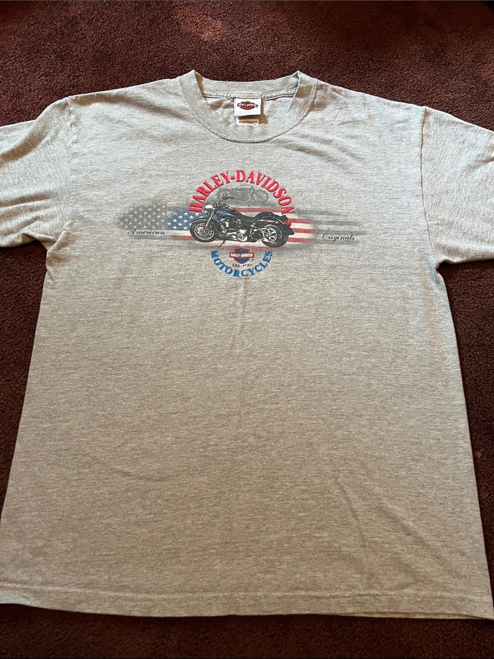 Harley-Davidson Light Gray Tee with Red & Blue Motorcycle Graphic